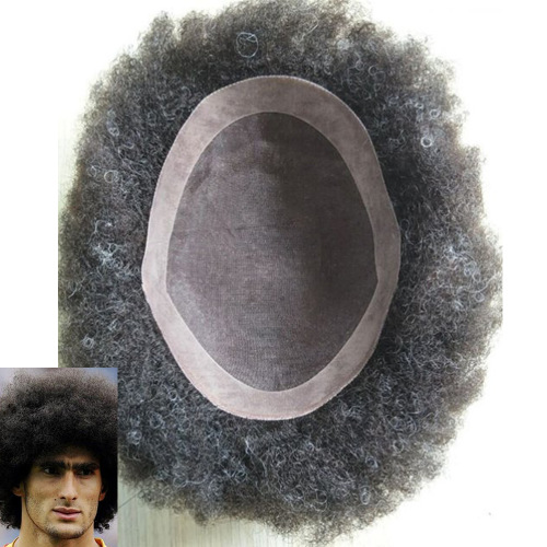 Gray Afro Kinky Curly Mono With PU Men's Toupee 